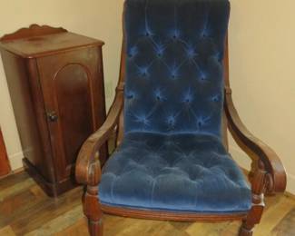 Antique Victorian Walnut Frame Armchair with Blue Velvet Tufted Upholstery 