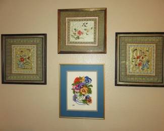 Vintage Framed Asian Silk Embroidery, Cross Stitch Floral Picture