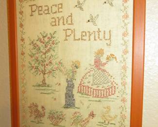 Vintage Peace & Plenty Framed Cross Stitch Sampler