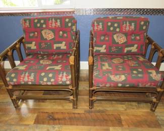Vintage Rattan and Bamboo Armchairs with Billiard Card Game Upholstery