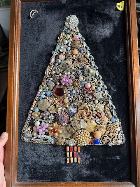 Bedazzled fashion jewelry Christmas tree art. Framed.