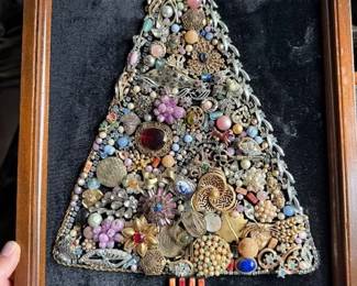 Bedazzled fashion jewelry Christmas tree art. Framed.