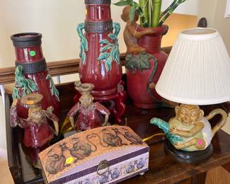 2 matching vases SOLD
Monkey lamp SOLD 
Tall vase with bamboo, 2 mojang monkeys and box available