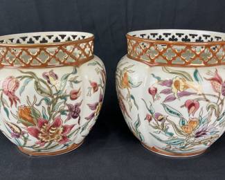 Pair of Zsolnay Reticulated Cachepots