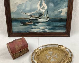 Florentine Tray, Ship Print, and Decorative Box