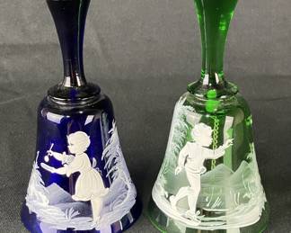 Mary Gregory Bohemian Motif Glass Bell Pair