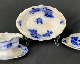 Three Pieces of Flow Blue Tableware