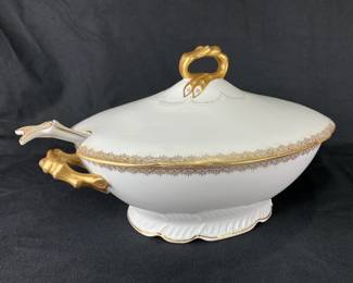 Jean Pouyat Limoges Porcelain Tureen with Serving Spoon