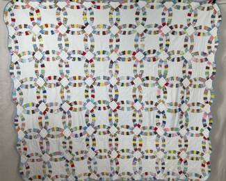 Vintage Handmade Patchwork Quilt, Double Wedding Ring Pattern