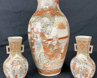 Three Japanese Satsuma Hand-Painted Porcelain Vases