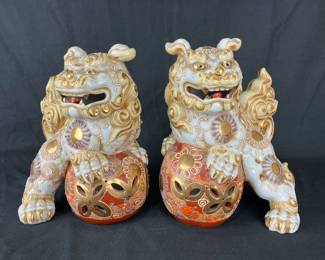 Pair of Japanese Satsuma Foo Dog Sculptures