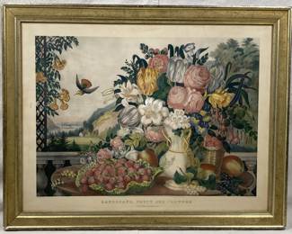 Currier & Ives Lithograph, Landscape, Fruits and Flowers
