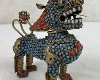 Chinese Brass Foo Dog Bottle with Turquoise and Coral