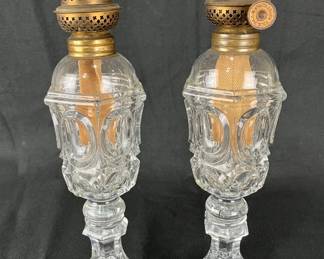 Pair of Early Pressed Glass Oil Lamps