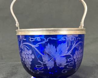 Hawkes Sterling Silver and Etched Cobalt Glass Sugar Basket
