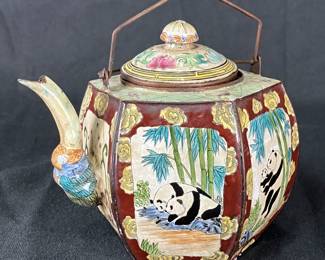 Chinese Enamel Teapot with Panda Motifs
