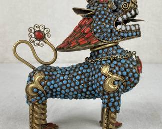 Chinese Brass Foo Dog Bottle with Turquoise and Coral