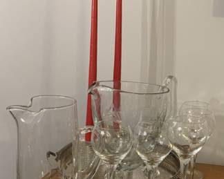 Martini pitcher, wine glasses and water pitcher