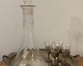 Orrefors/Sweden decanter and silverplated tray and cordial glasses