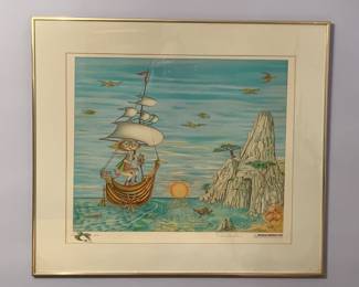Framed lithograph “Luna Nuevo” (New Moon) by Colombian artist Guillermo Silva Santamaria (1921-2007). Signed and numbered.