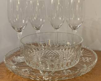 Wine glasses, glass bowl and glass platter