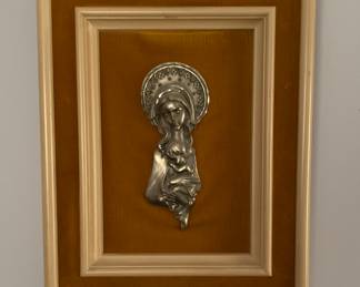 Framed pewter Madonna and Child