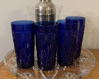 Cobalt blue glasses, vase and cocktail shaker