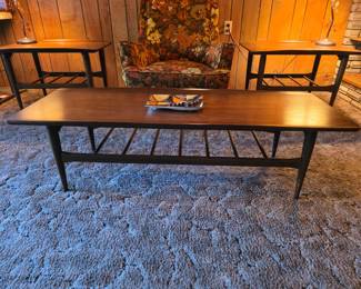 Mid-Century Modern, Bassett end tables and coffee table. Excellent condition, with the exception of a dark spot on top of one of the end tables. 
