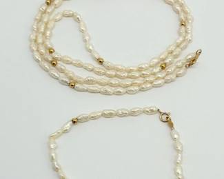 28 14KGoldClaspRicePearl20NecklaceMatchingBracelet