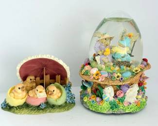 144 EasterChicksPeterCottontailMusicalEasterSnowGlobeFigurines