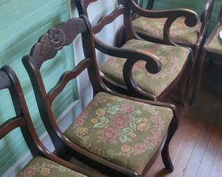 Tell City Chair Co. Mahogany Duncan Phyfe Rose Back Chair W/ Needlepoint Seat - Set of 6 
2 arm chairs 4 side chairs