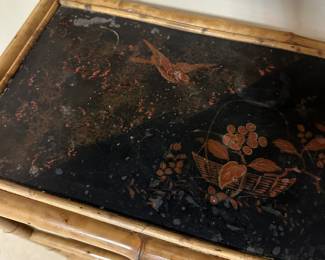 Antique English Chinoiserie bamboo and lacquer etagere. Alternate view - detail of painted shelf.