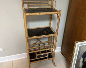 Antique English Chinoiserie bamboo and lacquer etagere.