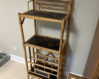 Antique English Chinoiserie bamboo and lacquer etagere. Alternate view.