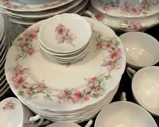 Charming antique set of pink floral china. Alternate view.