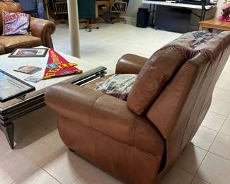 Leather recliner with nailhead trim and rolled arms. Alternate view.