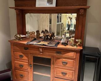 Antique oak cabinet sideboard with mirror.