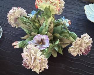 Delicate porcelain carnations and pansies centerpiece.