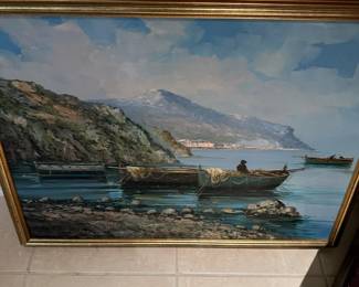 Original vintage oil painting of fishing scene.