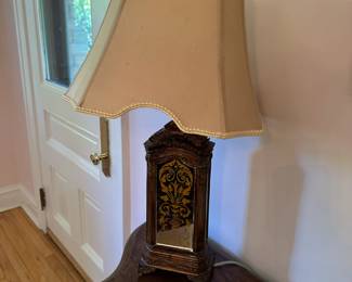 Pair of Horchow hand-painted mirrored lamps. Alternate view.