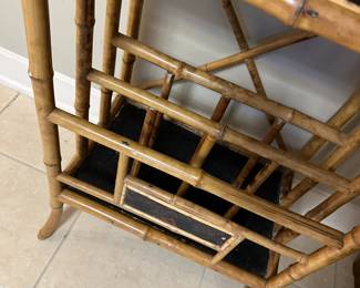 Antique English Chinoiserie bamboo and lacquer etagere. Alternate view.