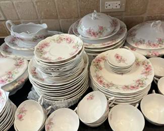 Charming antique set of pink floral china. Alternate view.