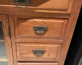 Antique oak cabinet sideboard with mirror. Alternate view.