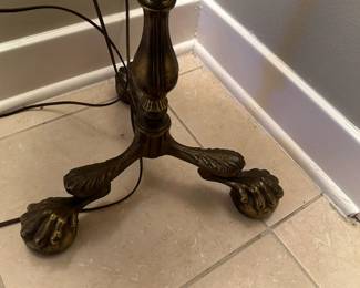 Two tiered brass table lamp with ball and claw feet. Alternate view.
