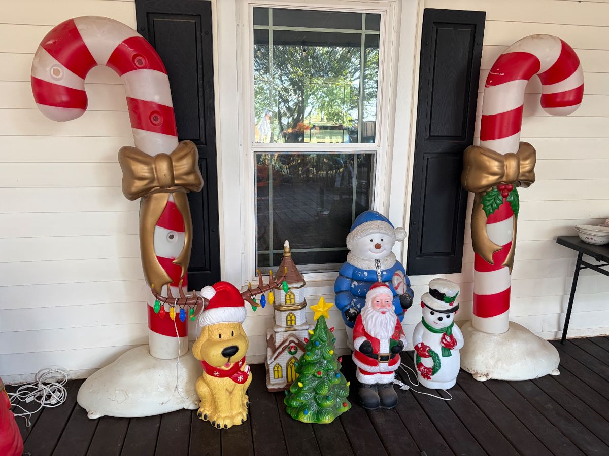 Two Giant 72" Candy Canes Lighted Blow Mold Christmas Holiday Decoration 6ft Tall, New Puppy  Dog Christmas Lighted Blow Mold With Santa Hat 24" Golden Retriever, lighted snowman, Blow mold Santa & snowman 