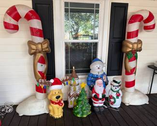 Two Giant 72" Candy Canes Lighted Blow Mold Christmas Holiday Decoration 6ft Tall, New Puppy Dog Christmas Lighted Blow Mold With Santa Hat 24" Golden Retriever, lighted snowman, Blow mold Santa & snowman