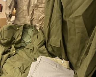 Box of Military Uniforms, Leather Holsters, Leather Belts and More
