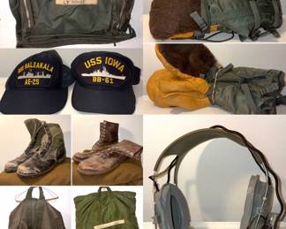 A collection of vintage Military items including two hats from the USS Haleakala (AE-25) and the USS Iowa (BB-61), which were both U.S. Navy ships. World War II era combat boots, insulated mittens and military headset used by flight crews, and miscellaneous military flight bags.