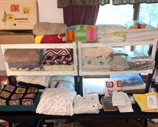 Afghans, blankets, sheets, quilts, etc