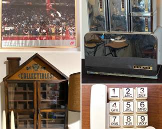 Vintage Michael Jordan Nike poster, set of Lincoln Beautyware chrome kitchen canisters, vintage wooden display case, and a vintage push-button telephone